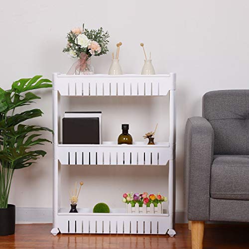 MEZON Multipurpose Slim Slide Plastic Storage Rack Holder Organizer Shelf With Moving Wheels Trolley 2/3/4 Layers Detachable Kitchen Bathroom Bedroom White (3 Tier) - Image 3