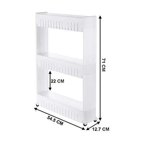 MEZON Multipurpose Slim Slide Plastic Storage Rack Holder Organizer Shelf With Moving Wheels Trolley 2/3/4 Layers Detachable Kitchen Bathroom Bedroom White (3 Tier) - Image 2