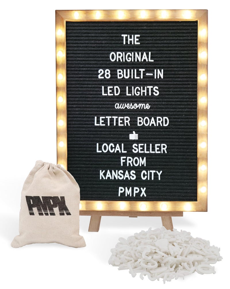 PMPX Letter Board THE ORIGINAL Black Felt Board with Stand, Built-in LED Lights 12 x 16 -Menu Board + Wood Frame, 690 Letters, Emojis + Cursive words - Custom Sign Messages - Image 1