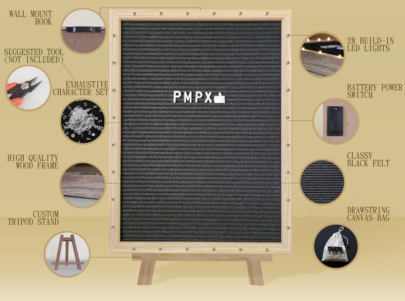 PMPX Letter Board THE ORIGINAL Black Felt Board with Stand, Built-in LED Lights 12 x 16 -Menu Board + Wood Frame, 690 Letters, Emojis + Cursive words - Custom Sign Messages - Image 5