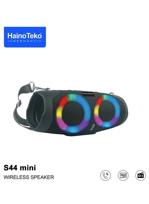 Haino Teko Germany S44 Mini Portable Wireless Bluetooth Speaker with RGB Lights, FM Radio USB MicroSD AUX Loud Rechargeable Sound System Outdoor Party Speaker German Design Best Small Speaker 2025 Clear Bass Compact Speaker with USB AUX SD Card Bluetooth
