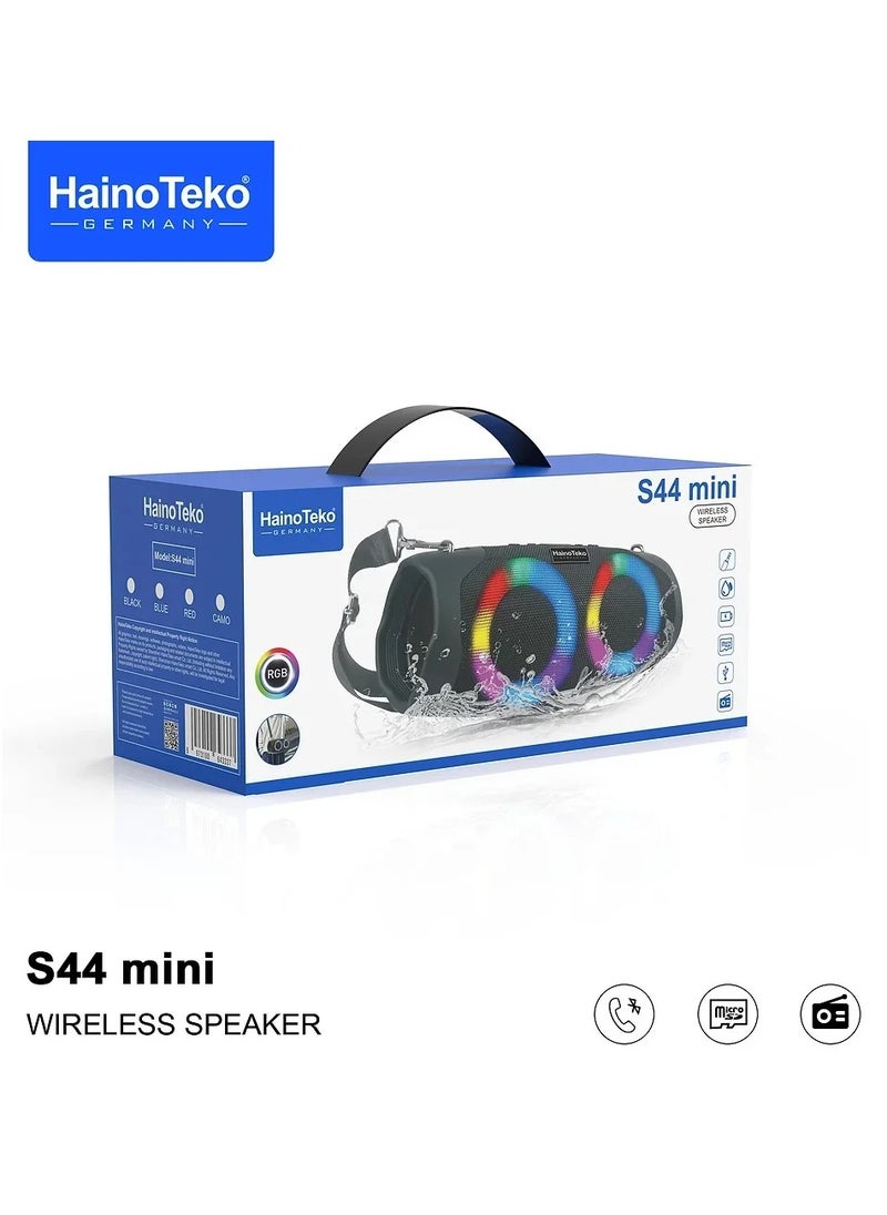 Haino Teko Germany S44 Mini Portable Wireless Bluetooth Speaker with RGB Lights, FM Radio USB MicroSD AUX Loud Rechargeable Sound System Outdoor Party Speaker German Design Best Small Speaker 2025 Clear Bass Compact Speaker with USB AUX SD Card Bluetooth