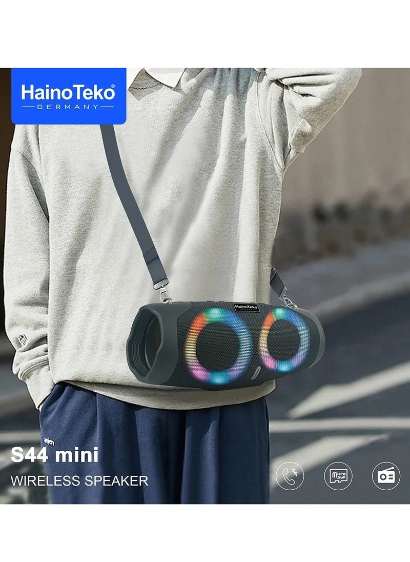 Haino Teko Germany S44 Mini Portable Wireless Bluetooth Speaker with RGB Lights, FM Radio USB MicroSD AUX Loud Rechargeable Sound System Outdoor Party Speaker German Design Best Small Speaker 2025 Clear Bass Compact Speaker with USB AUX SD Card Bluetooth