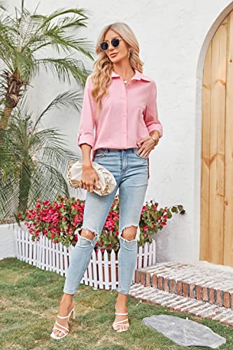 Karlywindow Womens Long Sleeve Button Down Cotton Linen Shirt Blouse Loose Fit Casual V-Neck Tops (Pink, Small) - Image 3