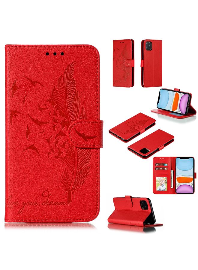 زبون جراب جلدي بتصميم ريشة من الليتشي لهاتف iPhone 11 مع محفظة وحامل وفتحات للبطاقات - Image 1