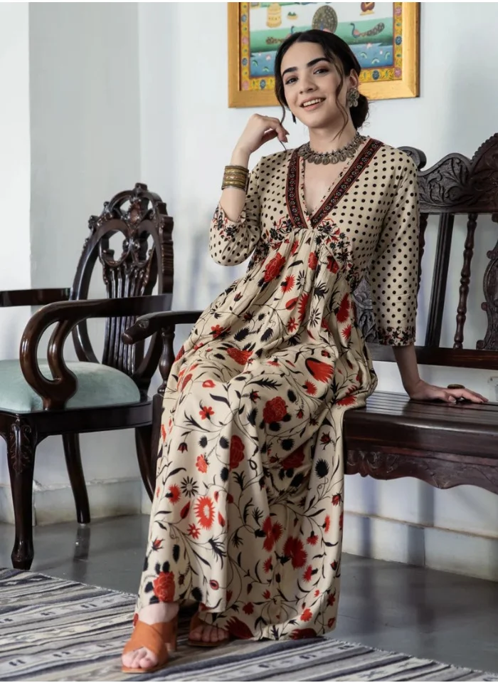 زيري سوق Beige Blossom V Neck Gathered Dress