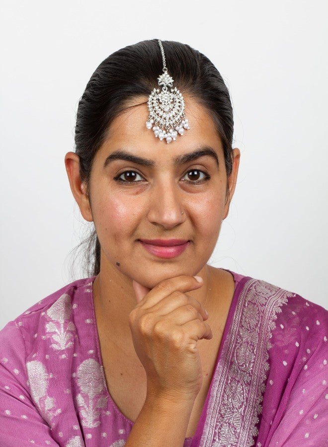 بينداني مجوهرات بيندهاني الهندية المتدلية من اللؤلؤ على الجبهة للنساء (لون أبيض روديوم) - Image 2