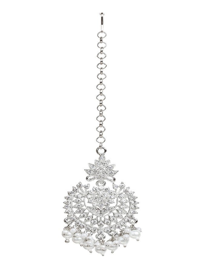 بينداني مجوهرات بيندهاني الهندية المتدلية من اللؤلؤ على الجبهة للنساء (لون أبيض روديوم) - Image 1