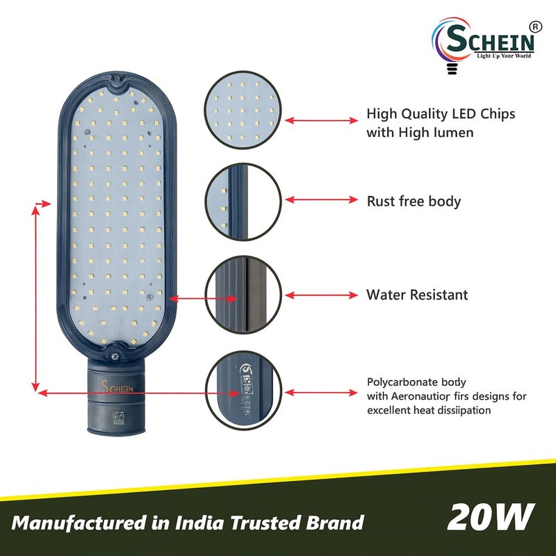 Shein 20 واط مصباح شارع LED | SHSL-20W | مصباح خارجي مقاوم للماء IP65 معتمد من BIS | أبيض بارد | بولي كربونات | كهربائي سلكي | مقاوم للماء | مقاوم للغبار | متين للاستخدام الخارجي | عبوة من 1 - Image 3
