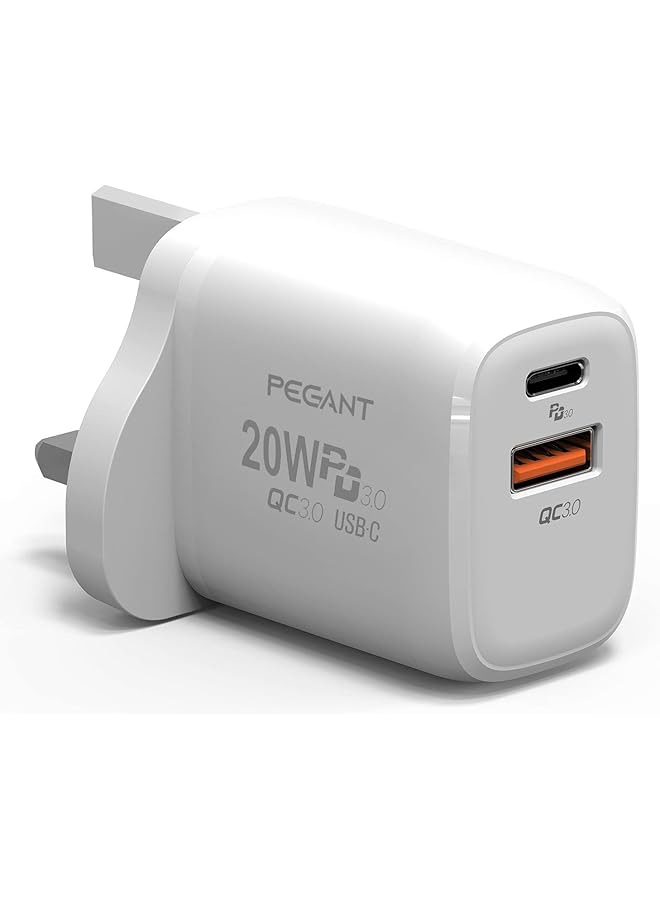 PEGANT 20W Usb C Pd Fast Charger Dual Port Type C Qc3.0 Wall Adapter Uk Plug Compatible With Iphone 15 14 13 12 11 Galaxy Pixel Ipad Airpods - Image 1