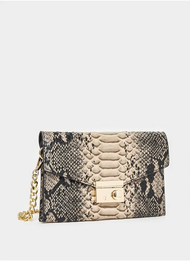 Styli Snakeskin Print Clutch Bag with Chain Strap