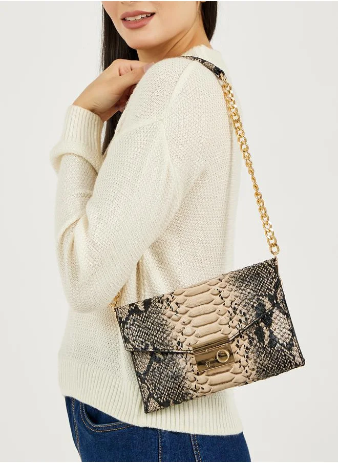 Styli Snakeskin Print Clutch Bag with Chain Strap