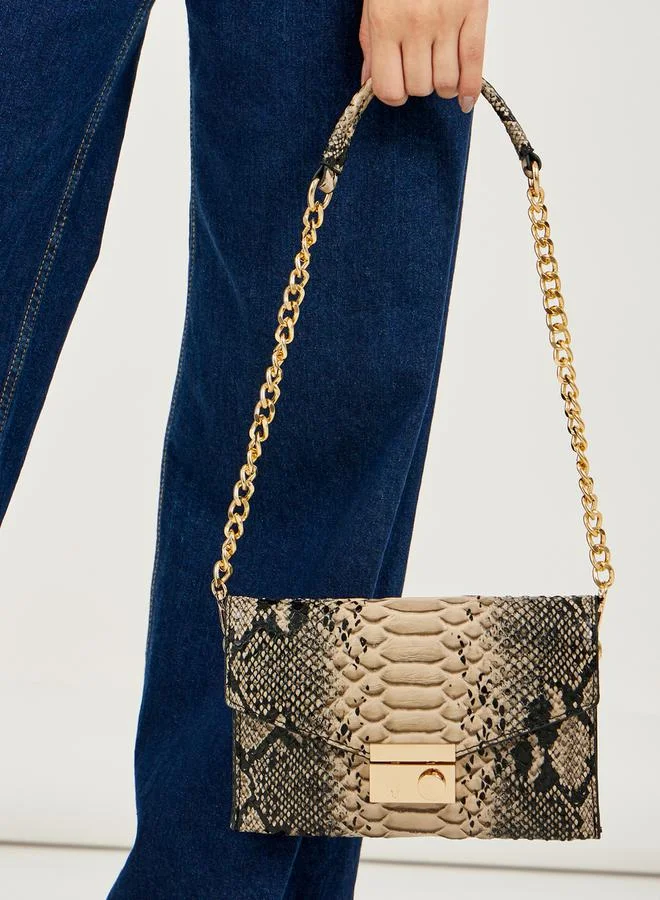Styli Snakeskin Print Clutch Bag with Chain Strap