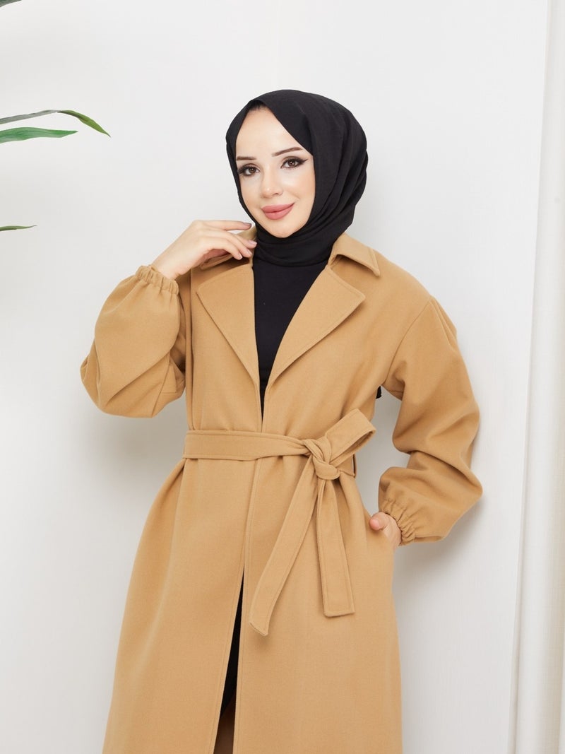 KMK Kombin Kmk Combination Seyid Special Women's Elastic Arm Belted Cashmere Coat - Image 3
