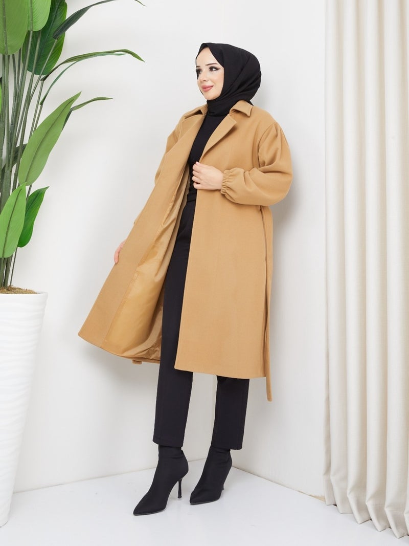 KMK Kombin Kmk Combination Seyid Special Women's Elastic Arm Belted Cashmere Coat - Image 1