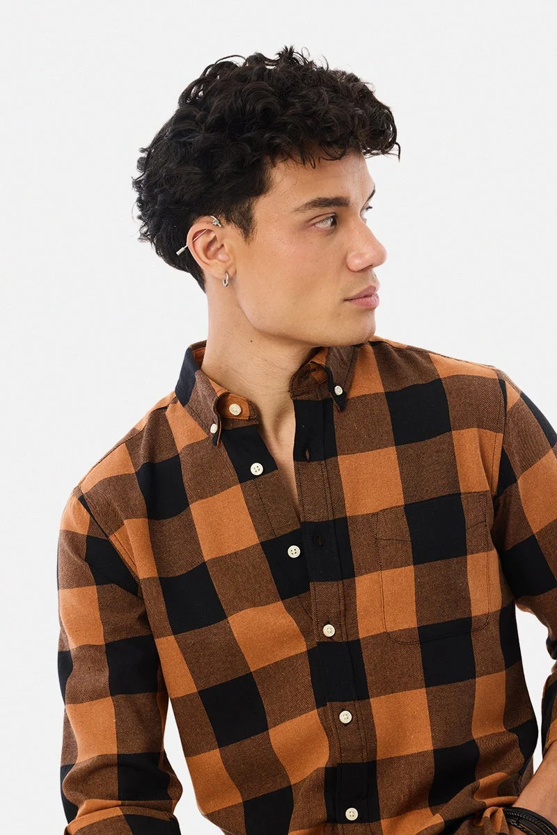 SNITCH Orange Checkered Long Sleeve Slim Fit Shirt