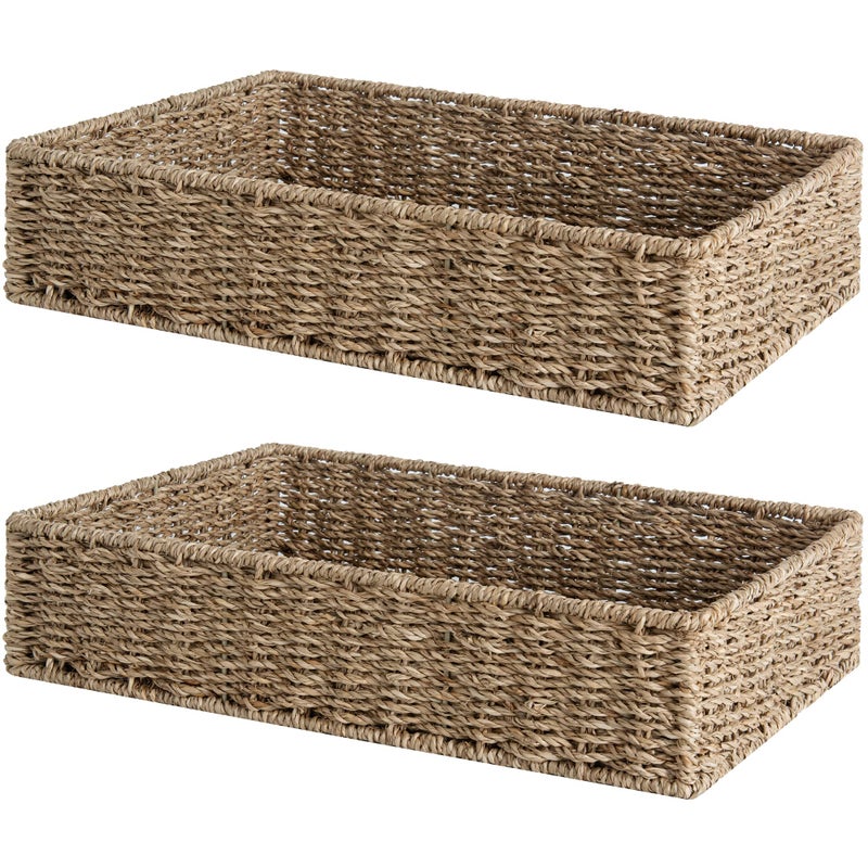 StorageWorks Large Seagrass Tray for Bathroom Seagrass Storage Baskets for Shelves Handwoven Natural Wicker Baskets for Organizing 2Pack
