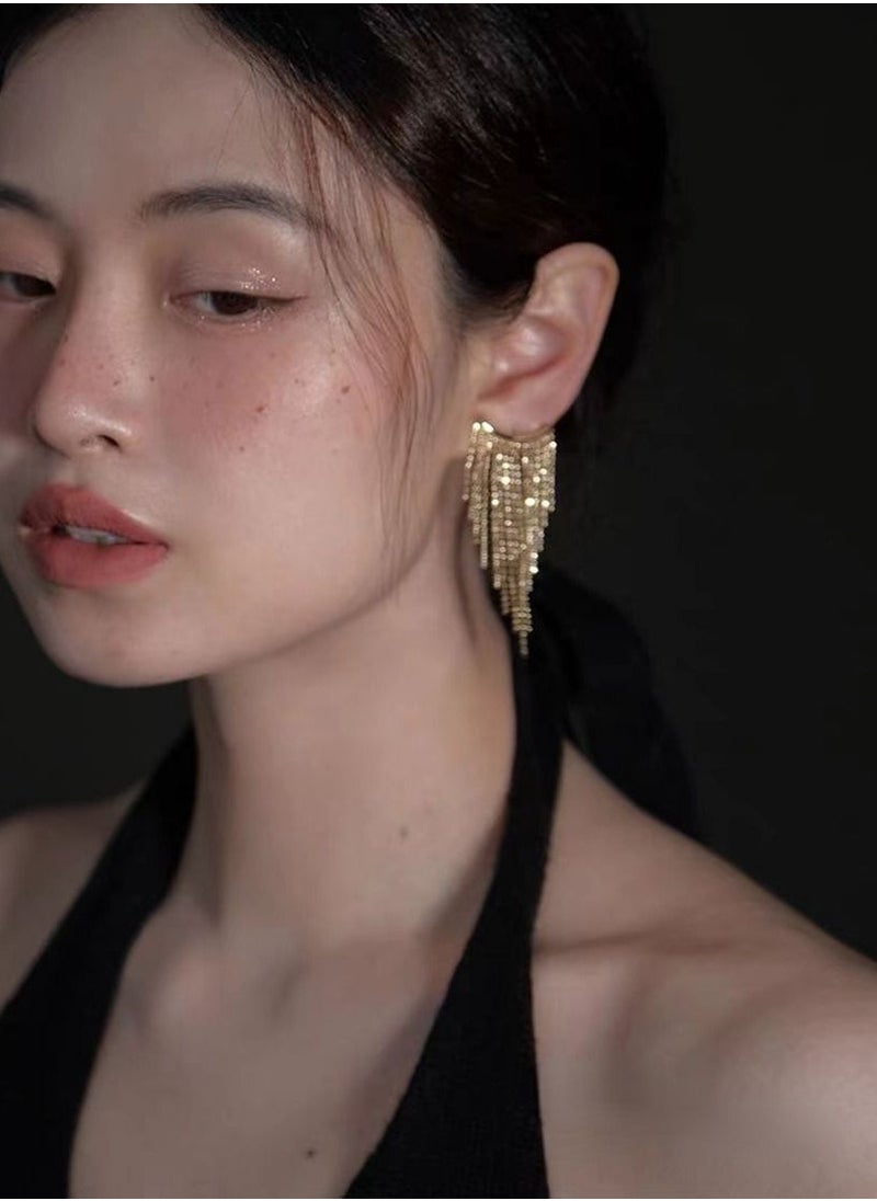 General 925 Silver Hypoallergenic/14K Alloy Inlaid Zircon Tassel Pendant Earrings  - Image 1