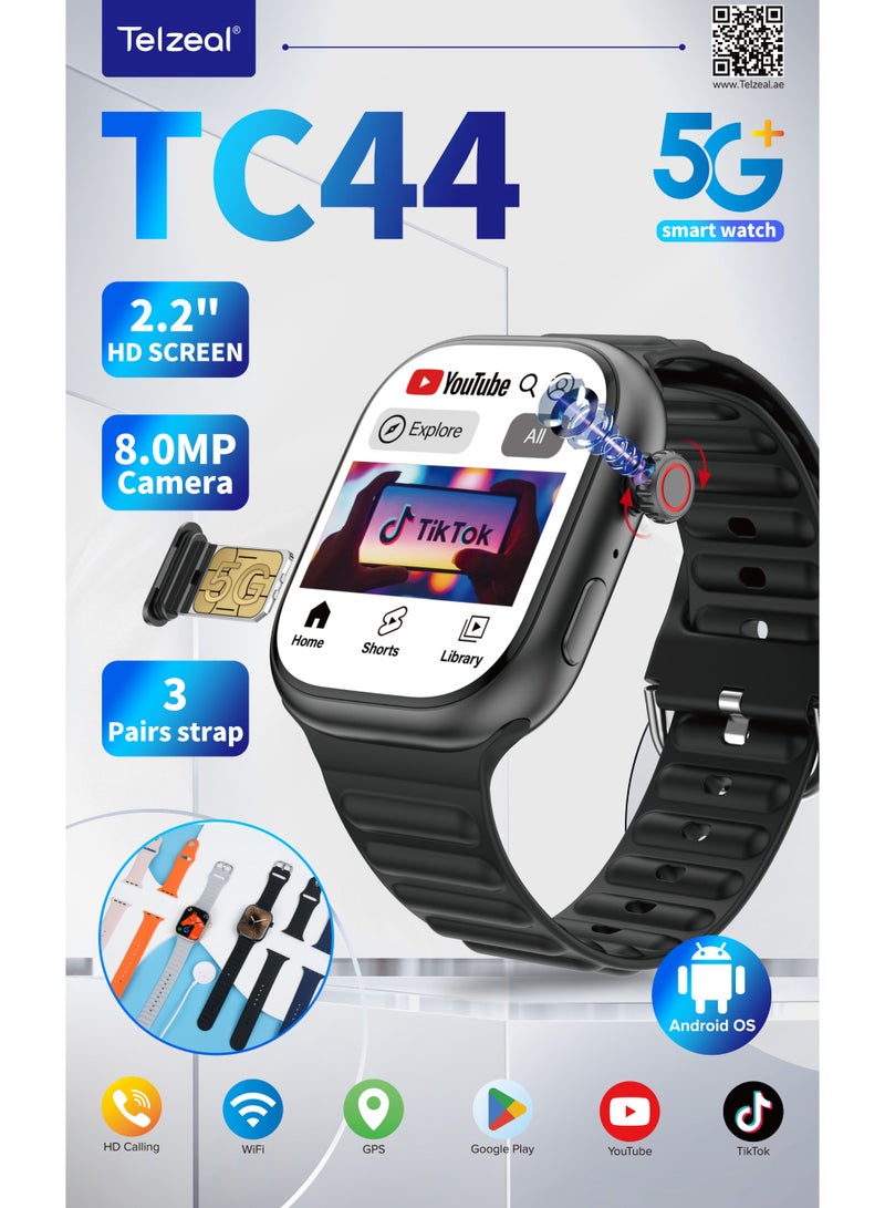 Telzeal TC44 5G Sim Card Support Smart Watch With 8MP Camera 2.2” HD Display 3 Straps and Charging Cable Designed for Ladies and Gents Black - Image 2
