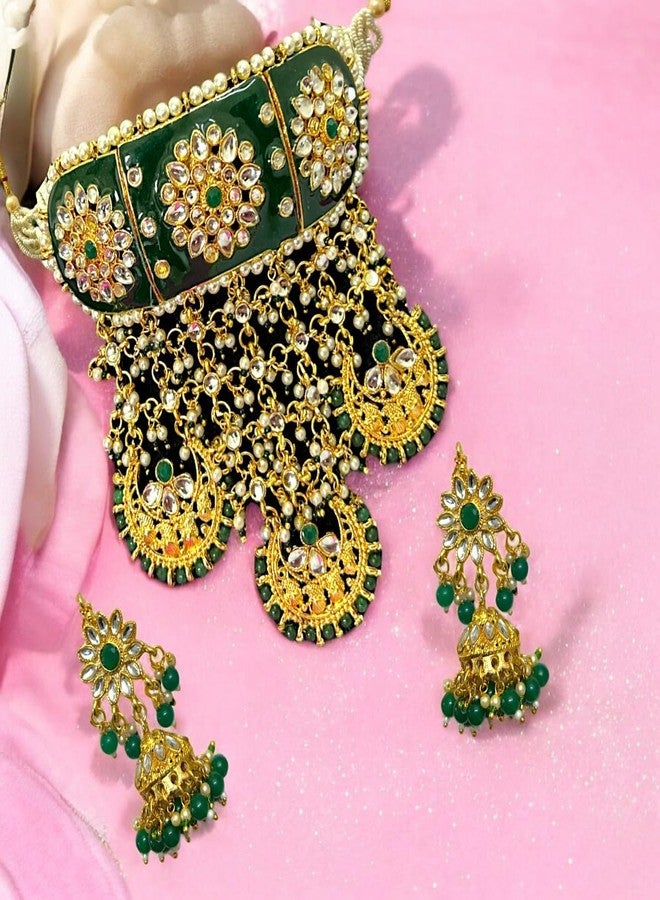 اكسيشر مجموعة ACCESSHER Green Meenakari Rajwadi قلادات الزفاف مع أقراط Jhumki، Maangtikka وداعم غير مرئي لـ Maangtikka الثقيلة | للنساء والفتيات. - Image 3