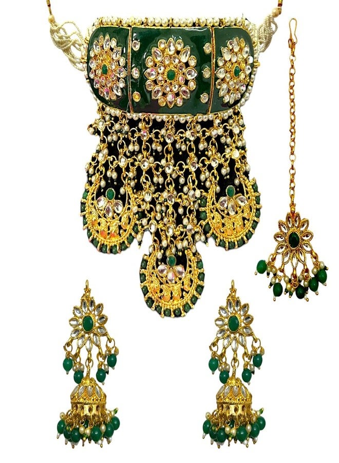 اكسيشر مجموعة ACCESSHER Green Meenakari Rajwadi قلادات الزفاف مع أقراط Jhumki، Maangtikka وداعم غير مرئي لـ Maangtikka الثقيلة | للنساء والفتيات. - Image 1