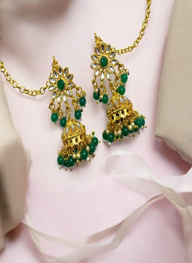 اكسيشر مجموعة ACCESSHER Green Meenakari Rajwadi قلادات الزفاف مع أقراط Jhumki، Maangtikka وداعم غير مرئي لـ Maangtikka الثقيلة | للنساء والفتيات. - Image 4