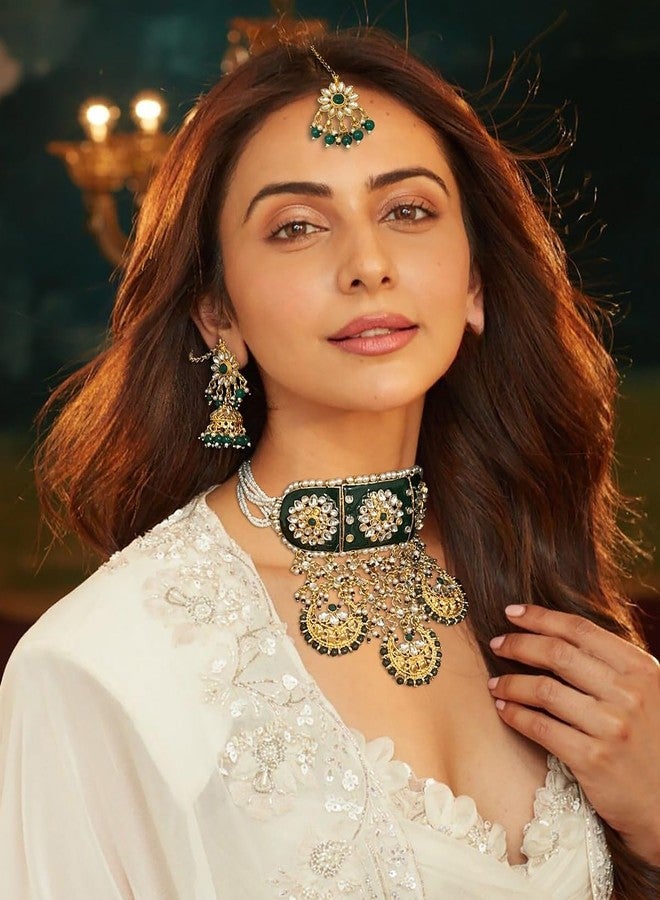 اكسيشر مجموعة ACCESSHER Green Meenakari Rajwadi قلادات الزفاف مع أقراط Jhumki، Maangtikka وداعم غير مرئي لـ Maangtikka الثقيلة | للنساء والفتيات. - Image 2