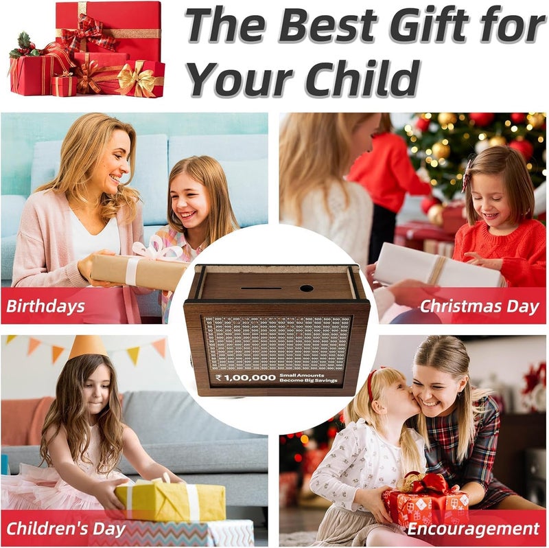 Wooden Money Saving Box with Savings Chart 1 Lakh Rupee Tracker Indian Currency Piggy BankWooden Piggy Bank for Kids Adults Coin Box with Carved Design Savings Box Mini Bank Donation Box