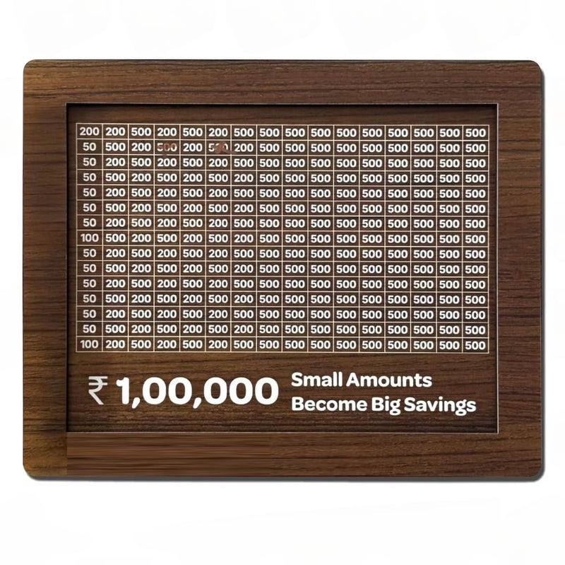 Wooden Money Saving Box with Savings Chart 1 Lakh Rupee Tracker Indian Currency Piggy BankWooden Piggy Bank for Kids Adults Coin Box with Carved Design Savings Box Mini Bank Donation Box