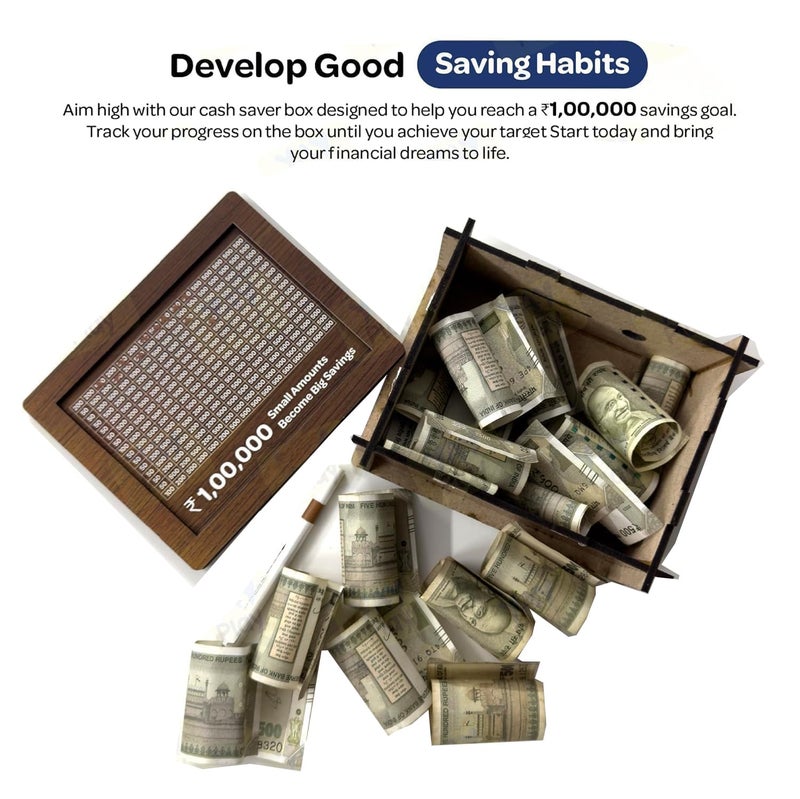Wooden Money Saving Box with Savings Chart 1 Lakh Rupee Tracker Indian Currency Piggy BankWooden Piggy Bank for Kids Adults Coin Box with Carved Design Savings Box Mini Bank Donation Box