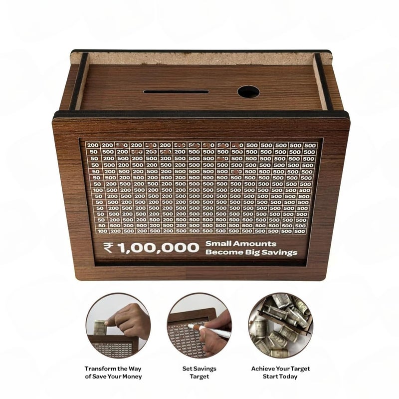 Wooden Money Saving Box with Savings Chart 1 Lakh Rupee Tracker Indian Currency Piggy BankWooden Piggy Bank for Kids Adults Coin Box with Carved Design Savings Box Mini Bank Donation Box