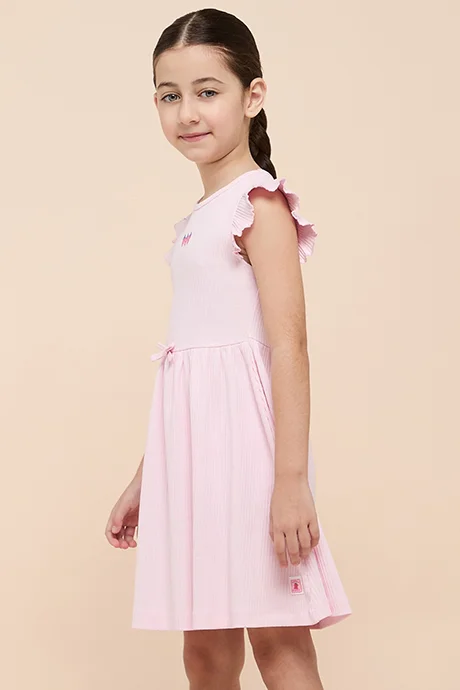 أر أند بي Ribbed Fit & Flare Dress with Crew Neck and Fluter Sleeves