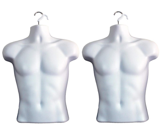 MALE MANNEQUIN TORSO HOLLOW BACK BODY STACKABLE DRESS FORM WITH HANGING HOOKS FOR TSHIRT DISPLAY COUNTERTOP CRAFT SHOWS PHOTOS AND DESIGN SM CLOTHING SIZE WHITE SET OF 2