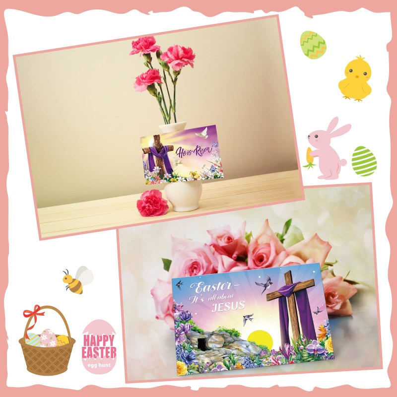 Blulu 24 Sets Religious Easter Cards Bulk with Envelopes & Stickers He Is Risen Christian Cross Greeting Cards with Inspiring Bible Jesus for Catholics Easter Spring Party Favors 6 x 8'' - Image 5