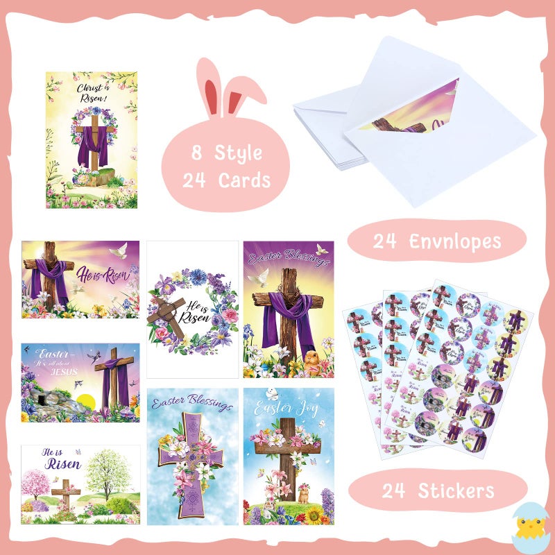 Blulu 24 Sets Religious Easter Cards Bulk with Envelopes & Stickers He Is Risen Christian Cross Greeting Cards with Inspiring Bible Jesus for Catholics Easter Spring Party Favors 6 x 8'' - Image 3