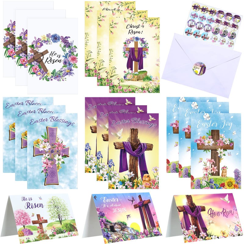 Blulu 24 Sets Religious Easter Cards Bulk with Envelopes & Stickers He Is Risen Christian Cross Greeting Cards with Inspiring Bible Jesus for Catholics Easter Spring Party Favors 6 x 8'' - Image 1