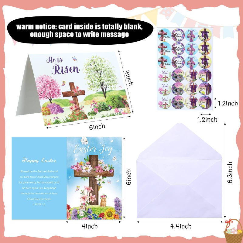 Blulu 24 Sets Religious Easter Cards Bulk with Envelopes & Stickers He Is Risen Christian Cross Greeting Cards with Inspiring Bible Jesus for Catholics Easter Spring Party Favors 6 x 8'' - Image 2