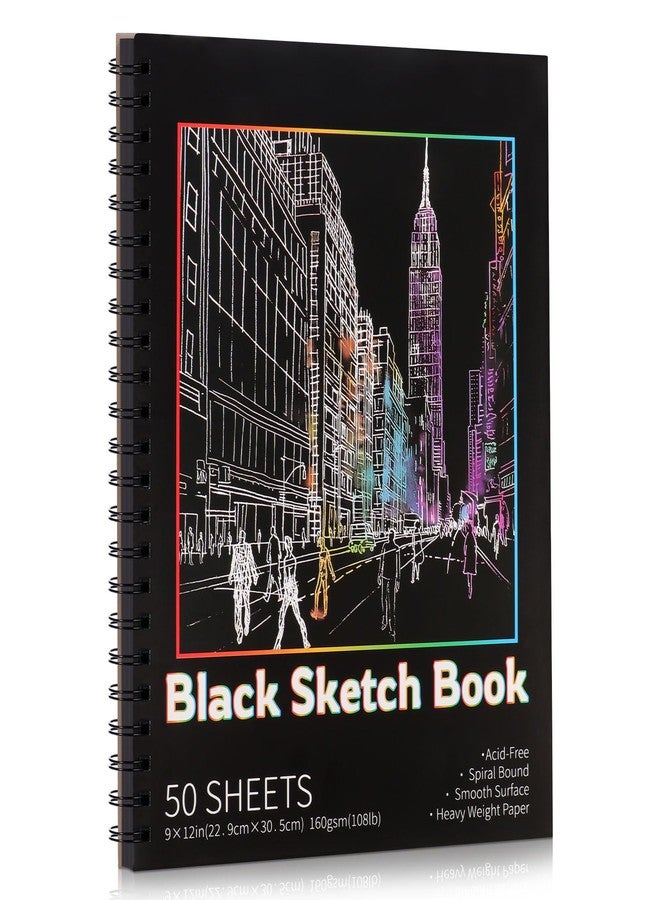 Prudiut 50 Sheets Black Paper Sketchbook, 108 lb/160gsm Heavyweight Black Sketch Pad 9×12in, Acid-Free Drawing Paper, Spiral Bound Sketch Book for Kids, Teens, Artist - Image 1