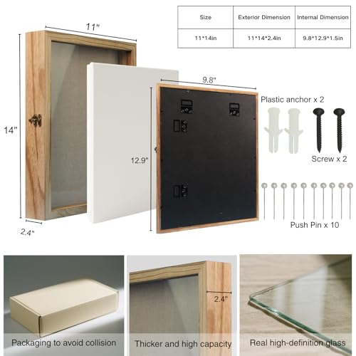 GAMYPET 11x14 Nature Wood Shadow Box Frame - 1.57" Deep Display Case for Wedding Memory Box, Flowers and Pictures - Front Opening Glass Door with Lock and Linen Back - Image 2