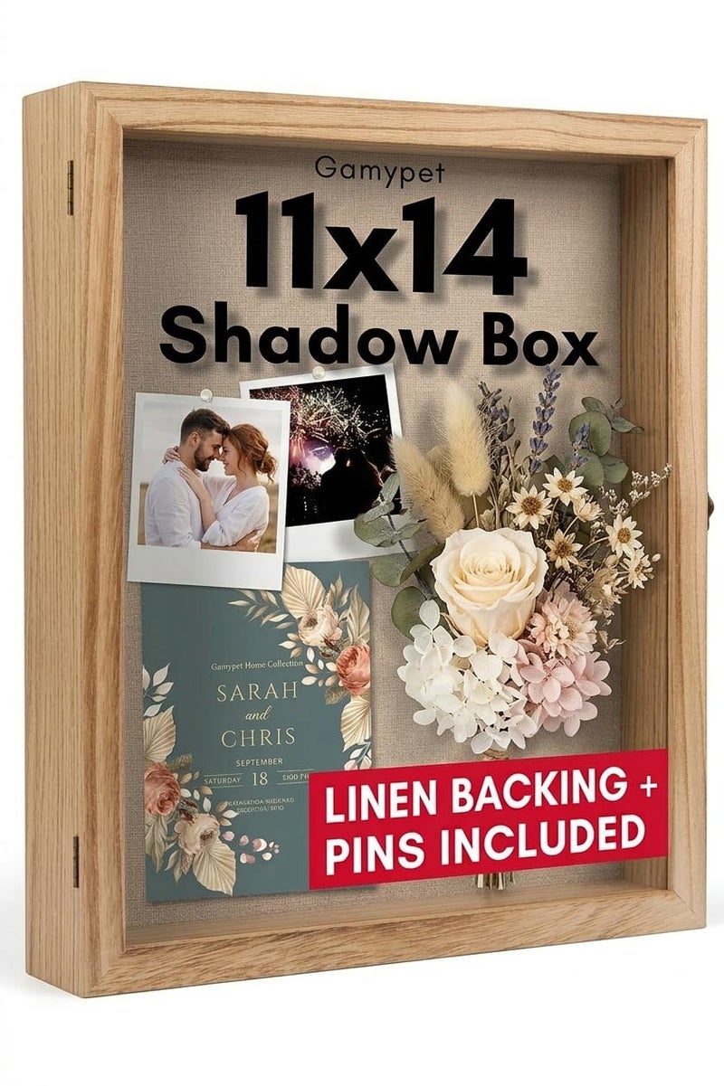 GAMYPET 11x14 Nature Wood Shadow Box Frame - 1.57" Deep Display Case for Wedding Memory Box, Flowers and Pictures - Front Opening Glass Door with Lock and Linen Back - Image 1