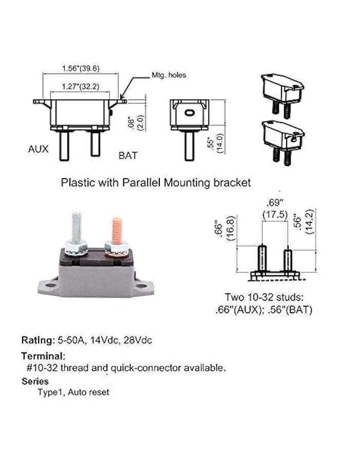 Auto Reset Circuit Breaker 12V - 24V DC 50 Amp for Car Solar Boat RV and More, Type 1 Breakers 50A 12 Volt with Cover, 2 Pack - Image 3