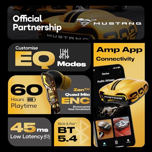 GOBOULT Mustang Sprint in Ear Earbuds with 60H Playtime, Amp App Support, 32dB Active Noise Cancellation, Quad Mic ENC, Dual Device Pairing, 10mm Drivers, BTv 6.0 TWS (Yellow) - Image 2