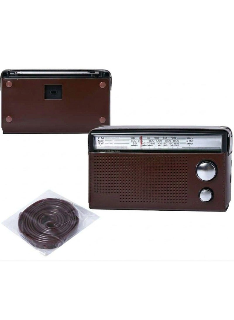 Portable Classic 3-Band Radio (FM/MW/SW) with Vintage Design and Brown Finish - High Sensitivity Reception with Telescopic Antenna and Carrying Strap - Retro Transistor Radio for Home and Travel - Image 3
