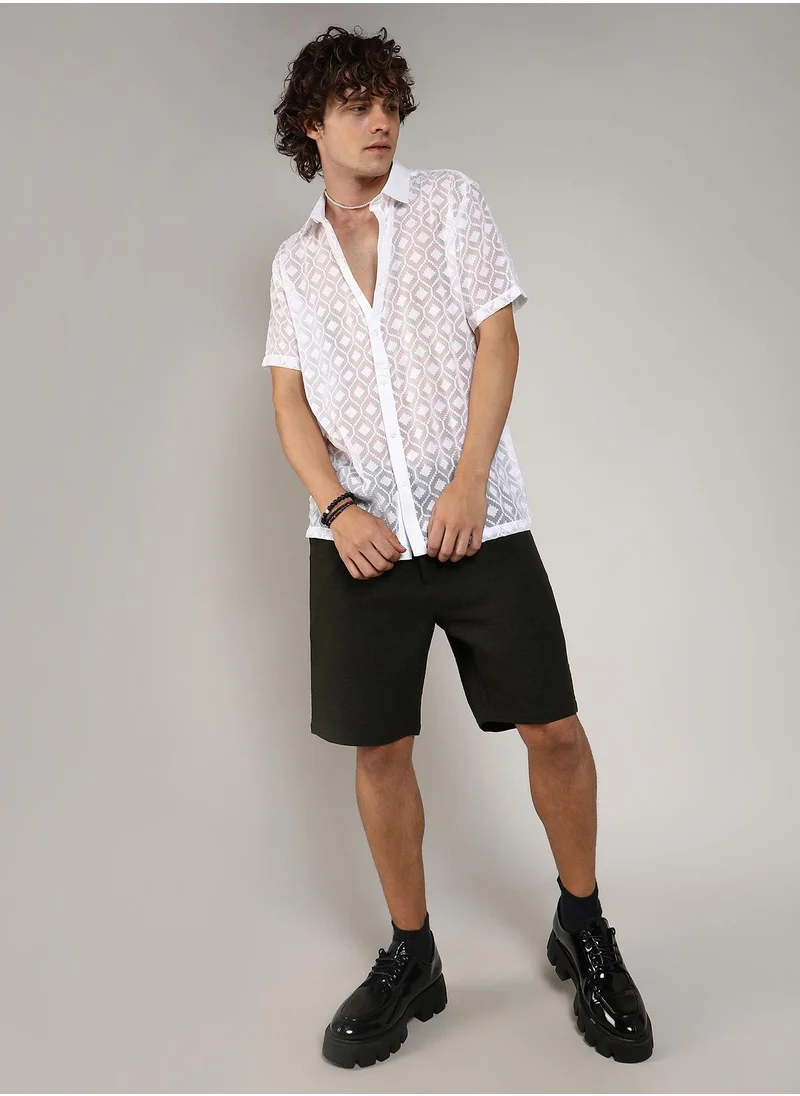 Campus Sutra Men's Chalk White Self-Design Cubic Shirt