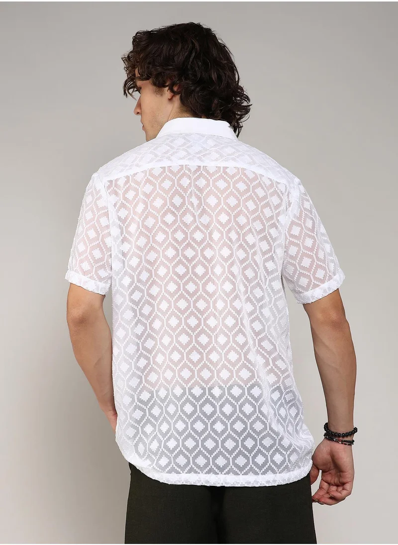 Campus Sutra Men's Chalk White Self-Design Cubic Shirt