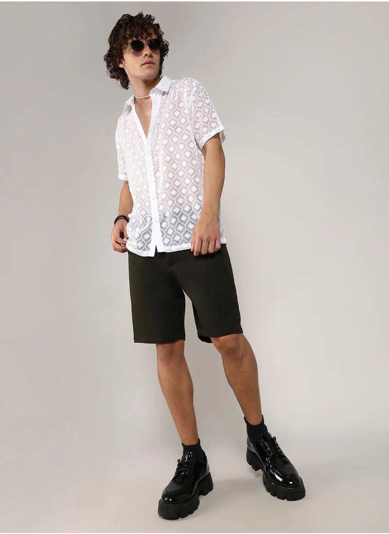 Campus Sutra Men's Chalk White Self-Design Cubic Shirt