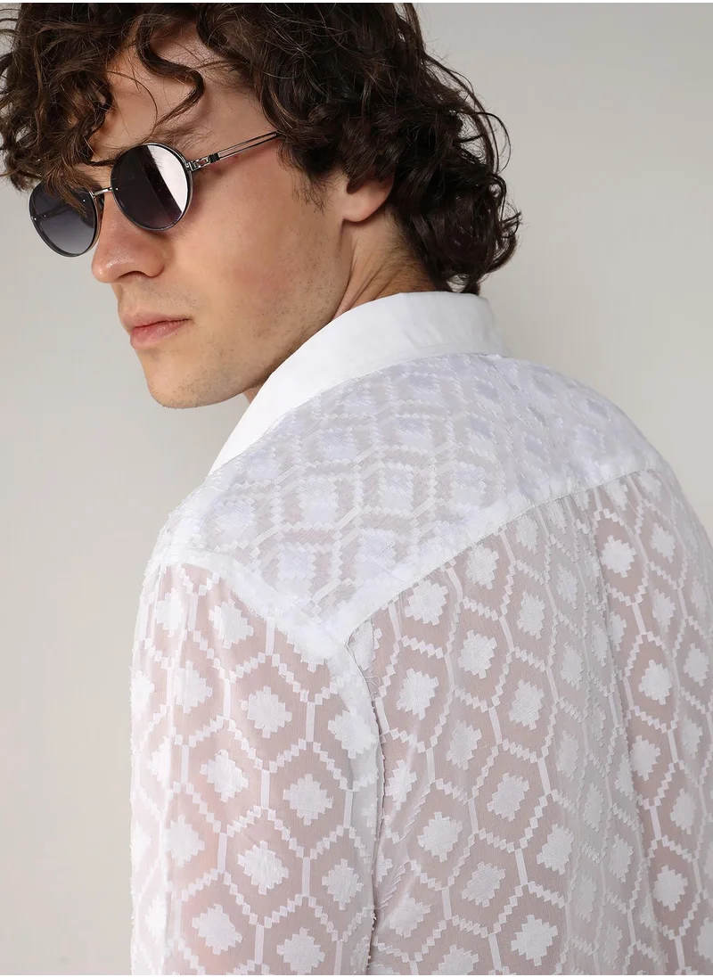 Campus Sutra Men's Chalk White Self-Design Cubic Shirt