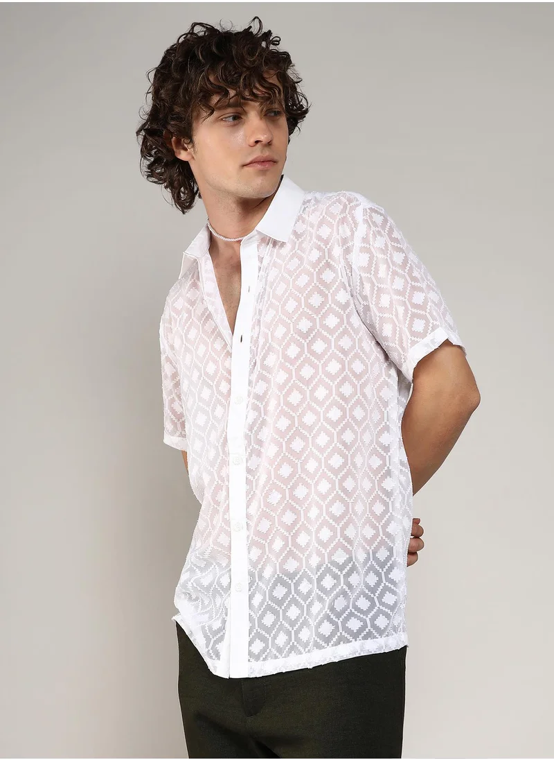Campus Sutra Men's Chalk White Self-Design Cubic Shirt