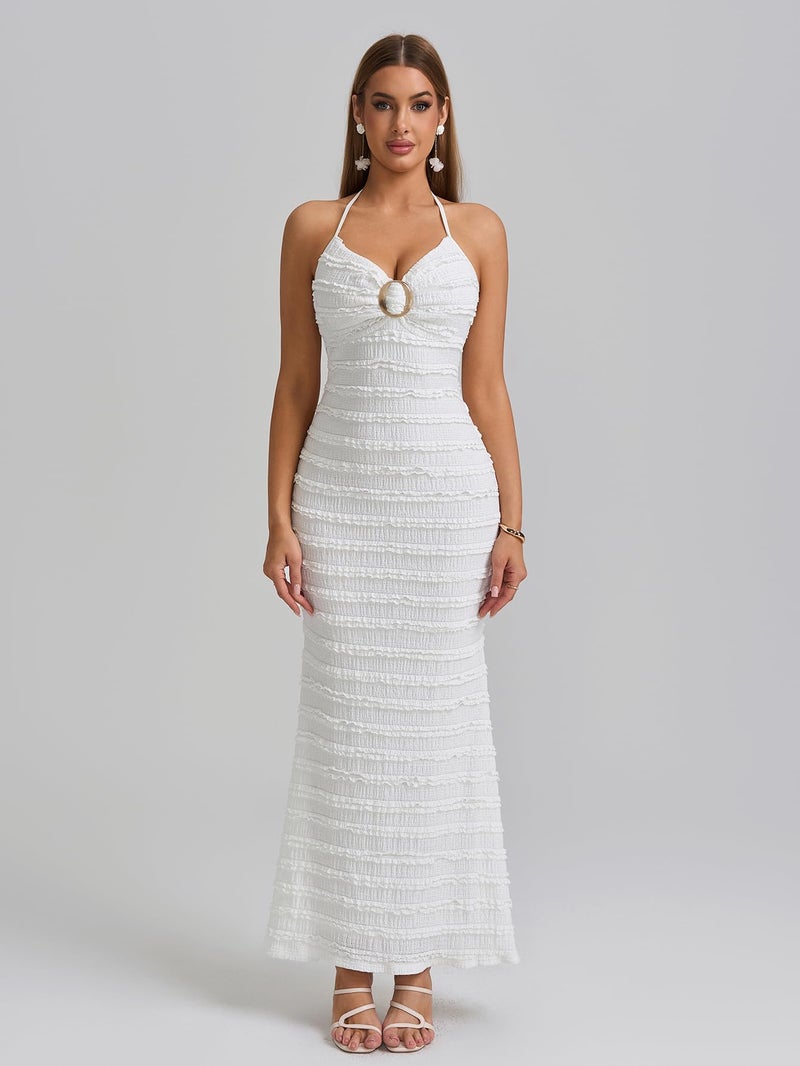 HTZMO Women Elegant Summer Casual Bodycon Maxi Dress Sexy V Neck Halter Ruffle Wedding Guest Long Dresses White M - Image 4