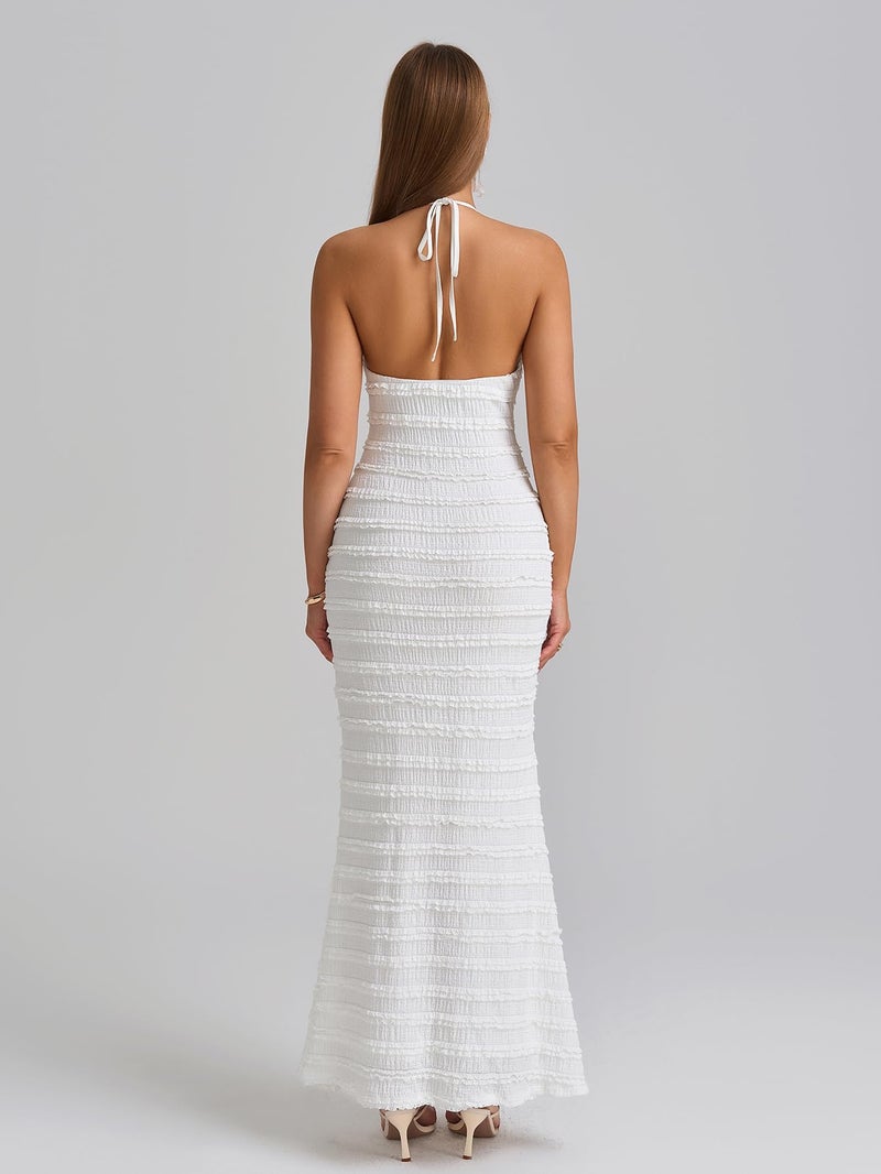 HTZMO Women Elegant Summer Casual Bodycon Maxi Dress Sexy V Neck Halter Ruffle Wedding Guest Long Dresses White M - Image 2